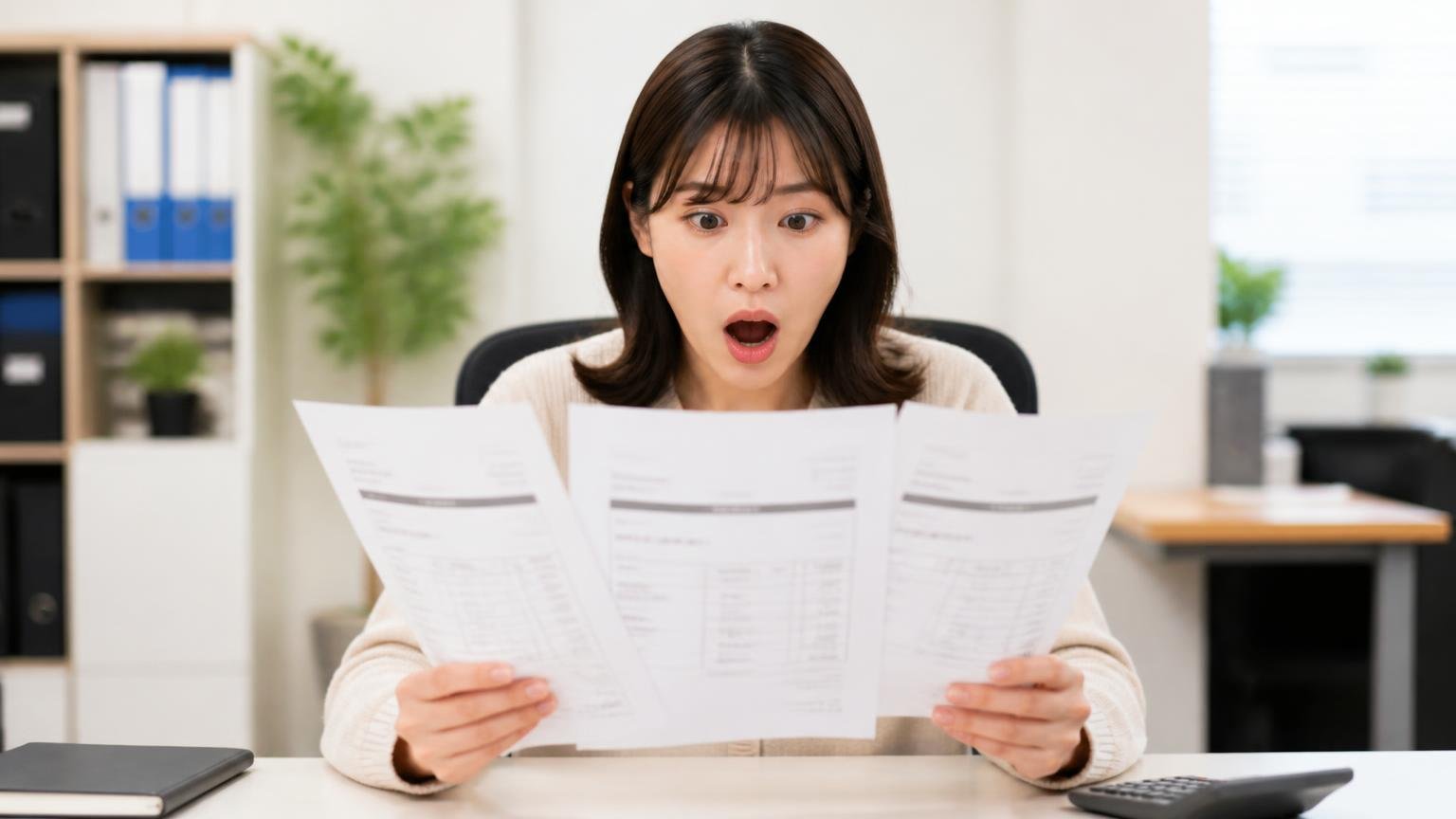 1社だけの査定額には高いか安いか測る物差しがない|事務所で3社の査定書を扇状に広げ驚く女性1人