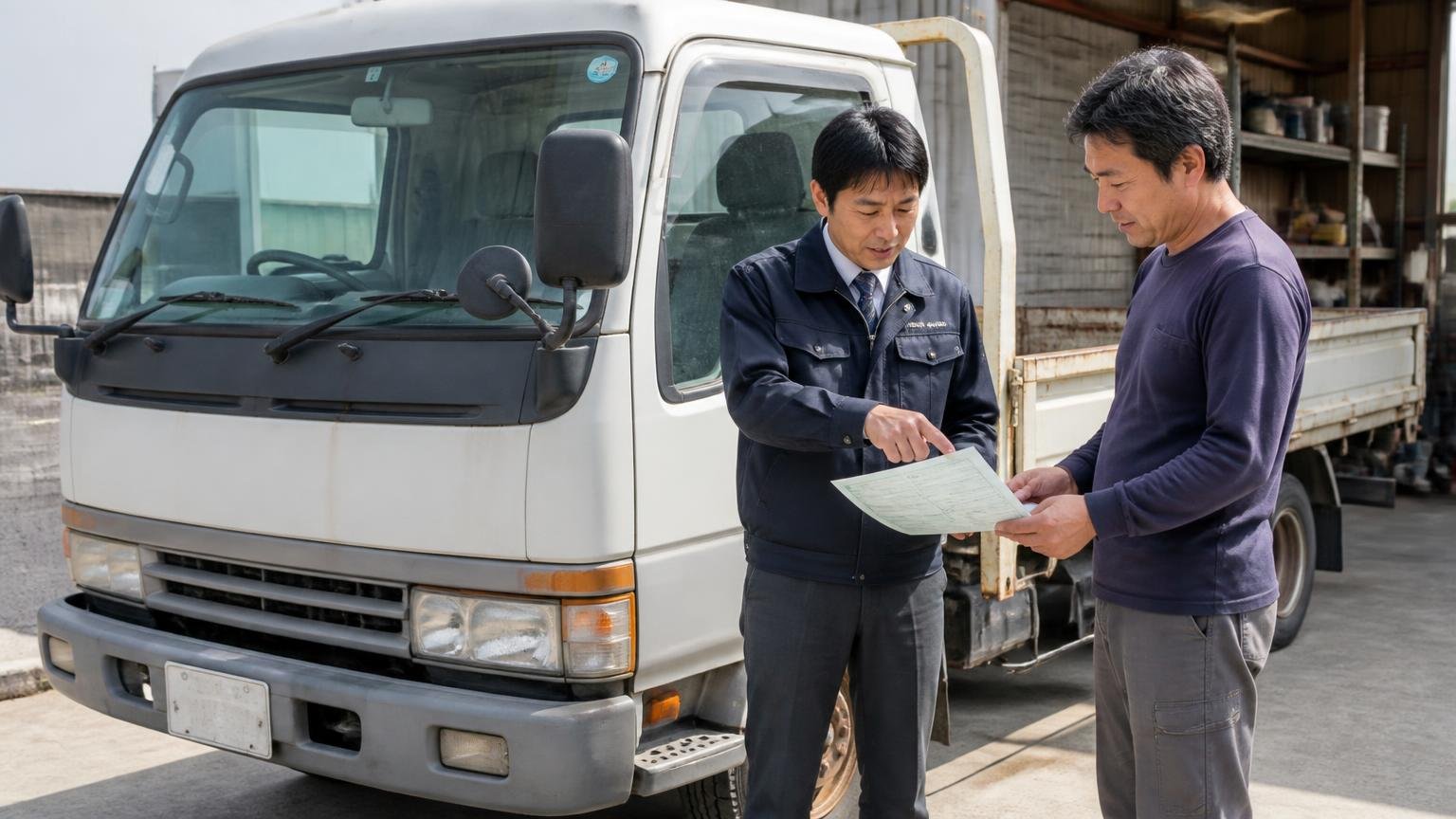 低年式・過走行のキャンターにも値をつけた無料査定のトラック買取業者 車庫で出張査定に来た担当者と車検証を見ながら話す 男性2人 荷台の前で説明を受ける