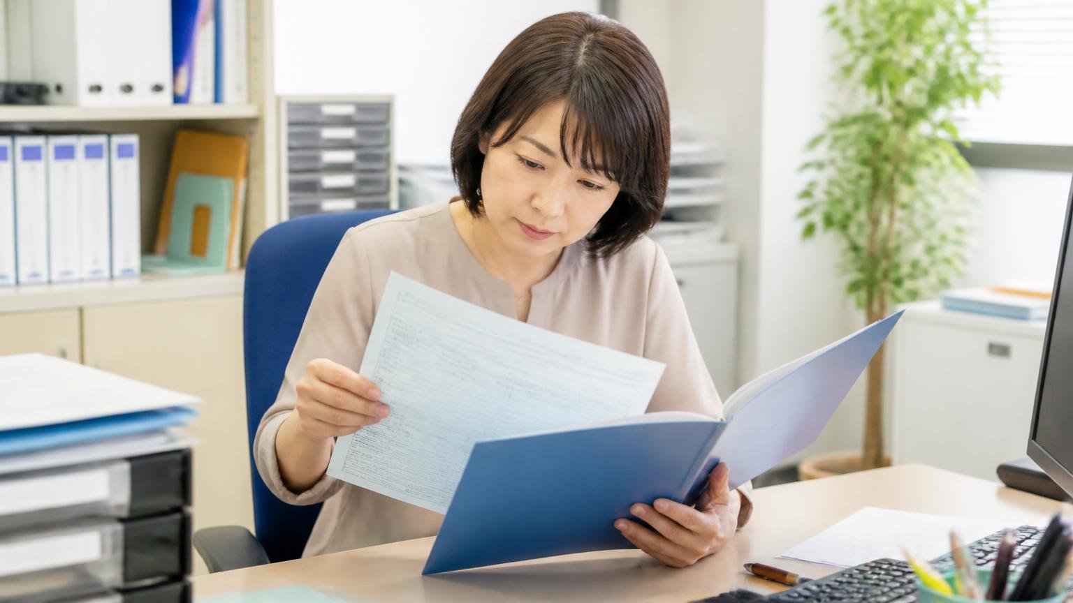 名義変更の完了確認までが1セット。事務所の机で女性1人が車検証とファイルを開き確認する