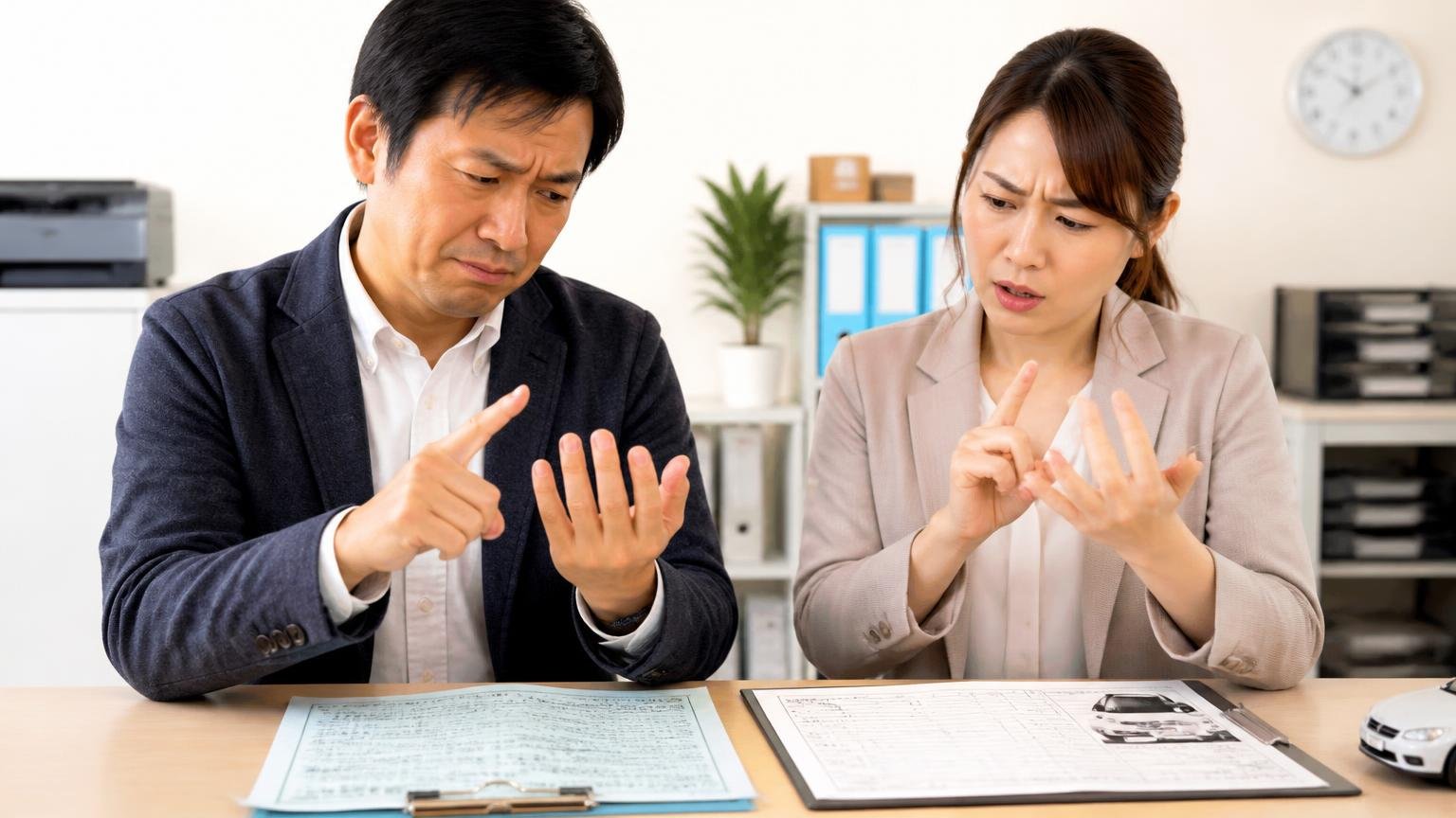 合わないと思ったときの3ステップ。事務所で車検証と査定書を並べて指を折る男女2人