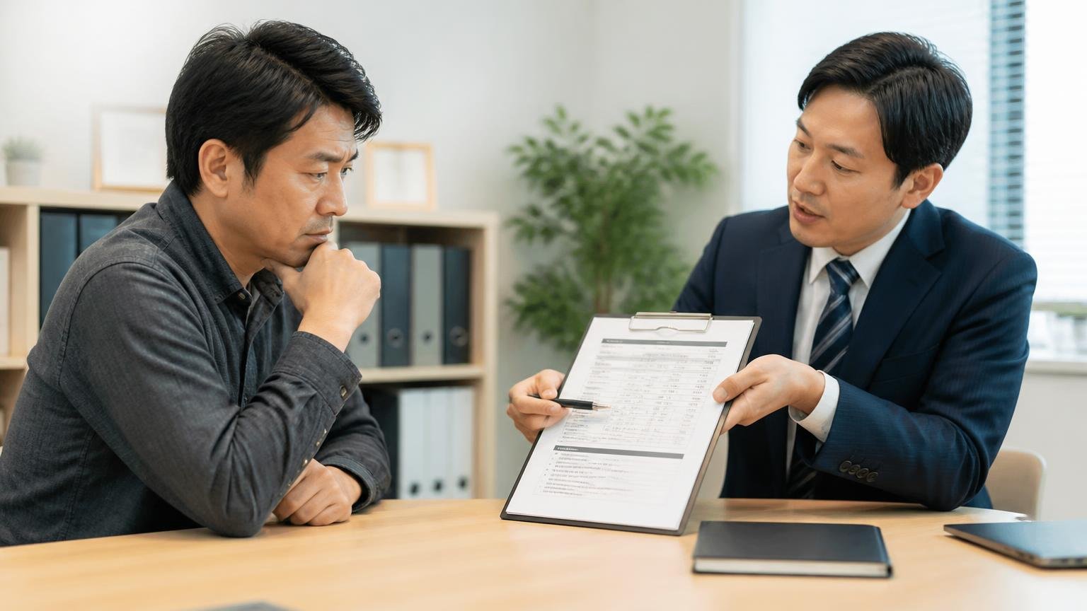 査定額は必ず書面でもらい、減額される条件まで確認する 事務所で査定書を見ながら査定士に質問する男性1人と説明する男性1人