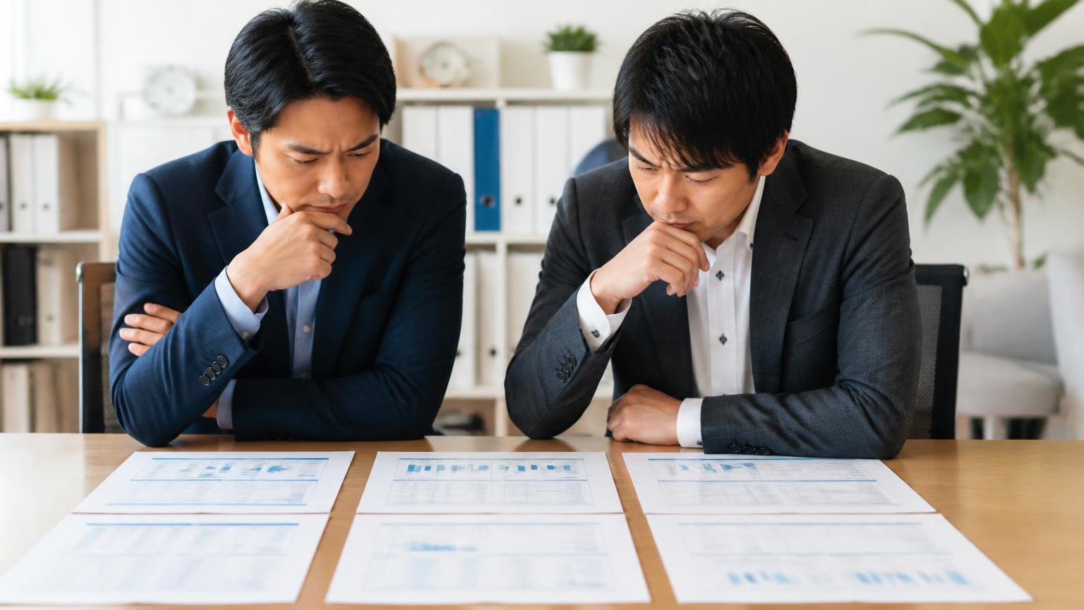 査定書の条件を比べる|事務所で複数の査定書を並べて比較する男性2人が真剣に読み込む