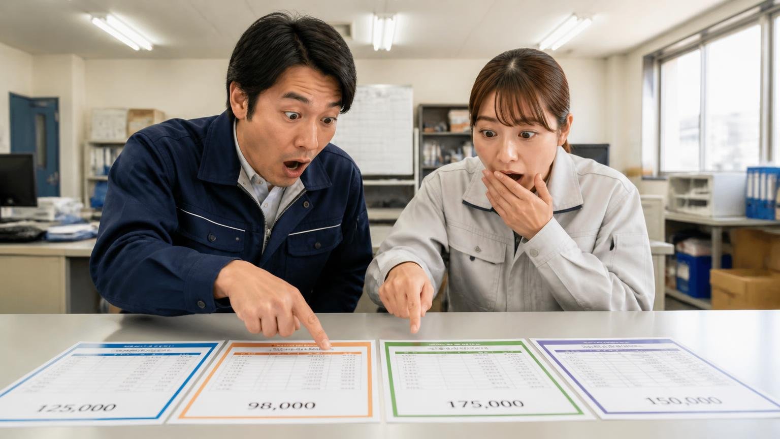 業者で査定額が変わる。運送会社の事務所で複数社の査定書を机に並べ、男女2人が金額を指さし驚いた表情で見比べる