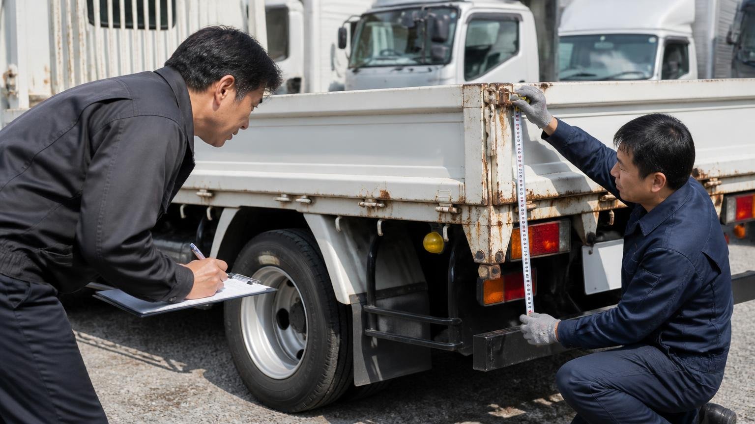 変速方式より査定額に効いているもの トラックの荷台まわりを確認する屋外 男性2人がメジャーを当てて記録する