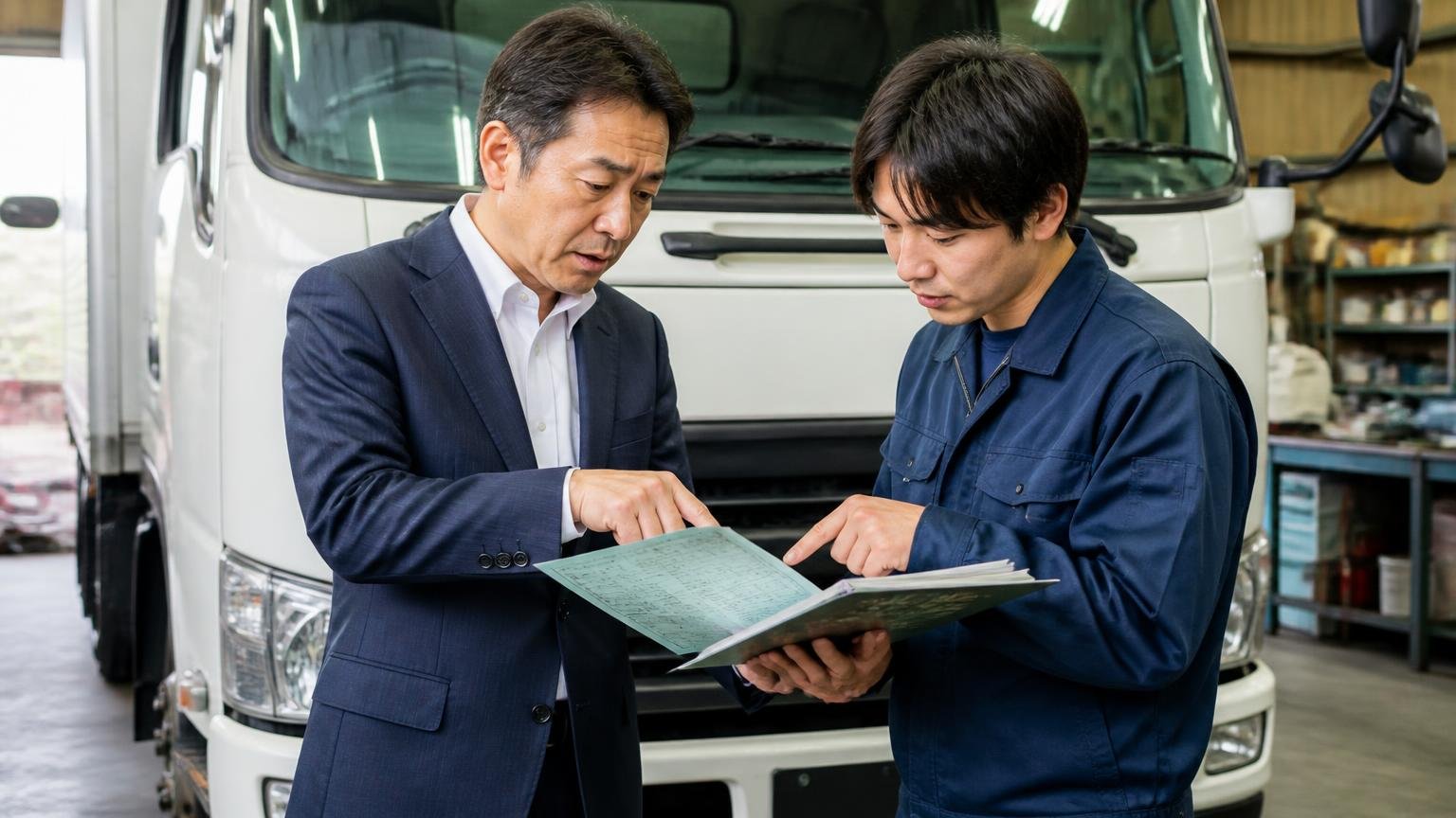 自分の1台を確かめる手順 車庫のトラックの前で車検証と整備記録簿を開く場面 経営者1人と整備士1人 指さして確認