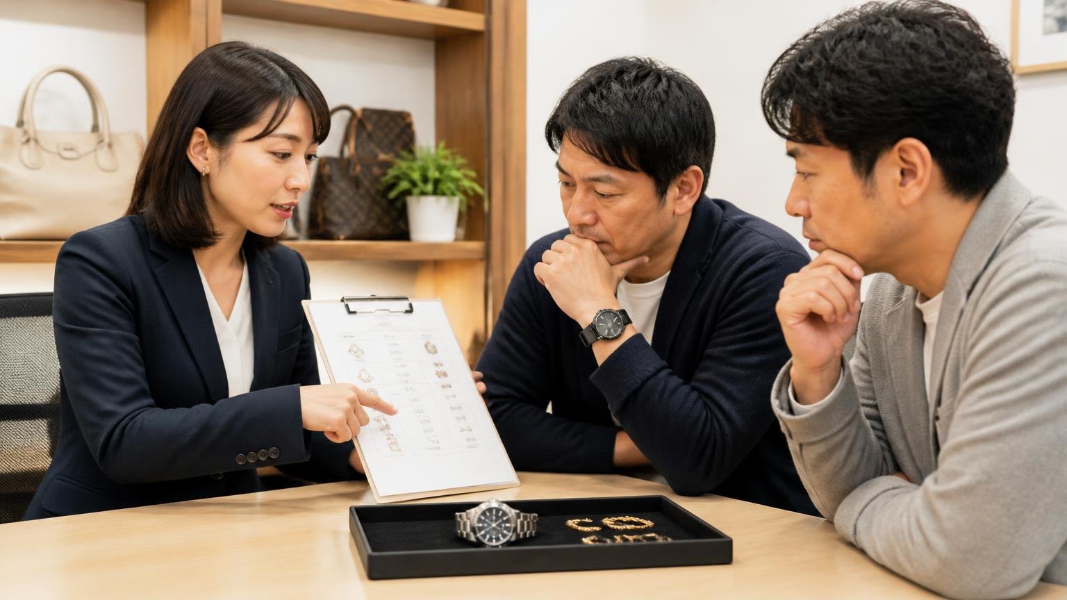 販売価格と買取価格は別物。事務所で査定書を指さして説明する女性1人と、真剣に聞く男性2人