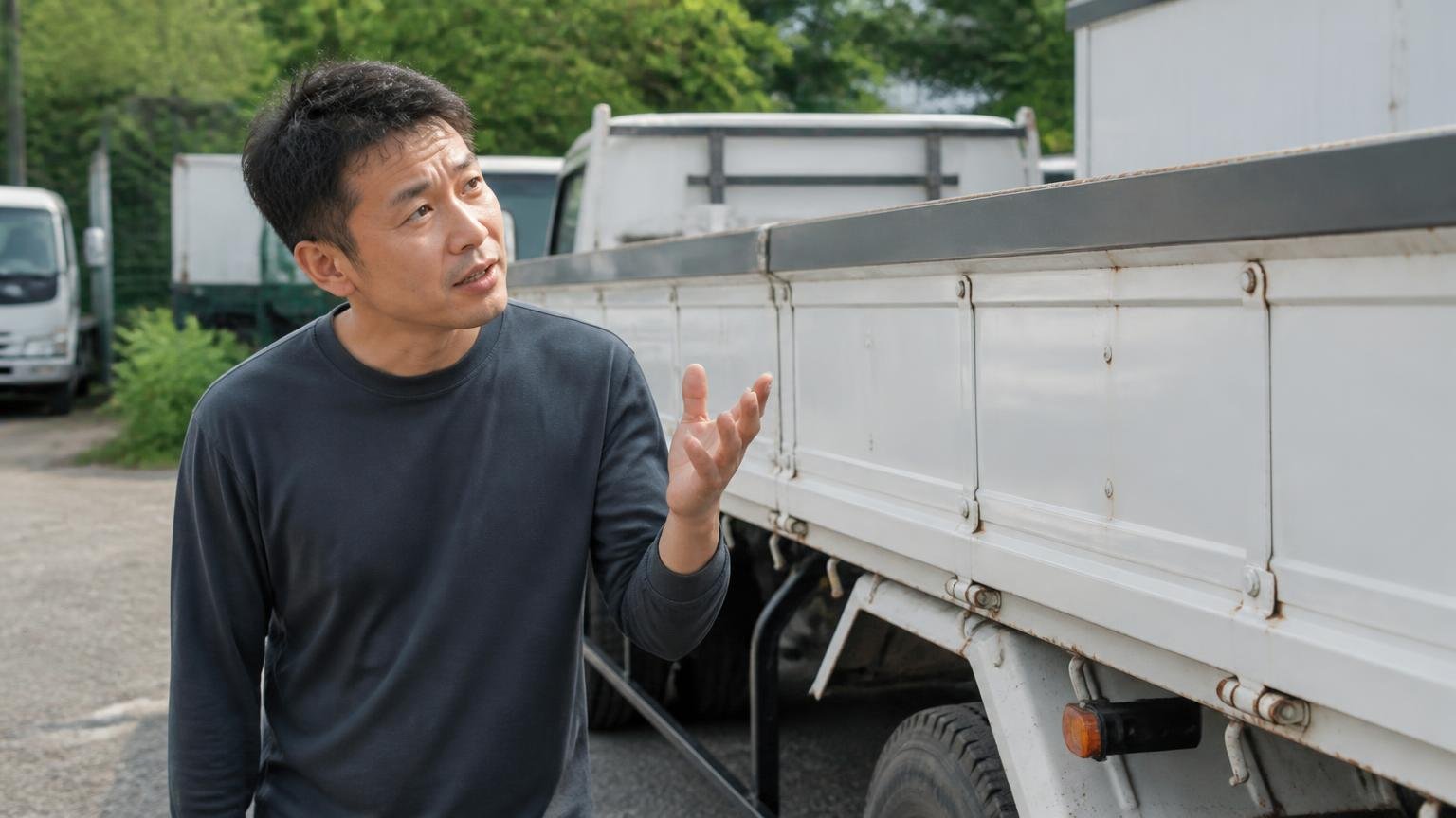 ③どんな場合にいくら減額されるのか、先に聞く|トラックの荷台まわりを確認する屋外で査定士に質問する男性1人