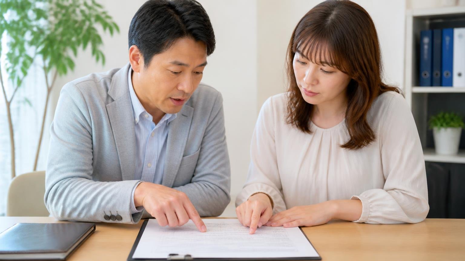 書面で確認する4項目と名義変更まで 事務所で契約書に目を通す打ち合わせ 男女2人 指で条項を追う