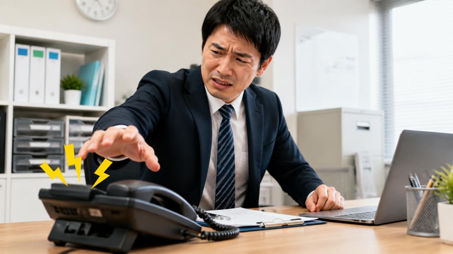営業電話が怖いへの対処|事務所のデスクで男性1人が鳴り続ける電話を前に眉をひそめ受話器に手を伸ばす