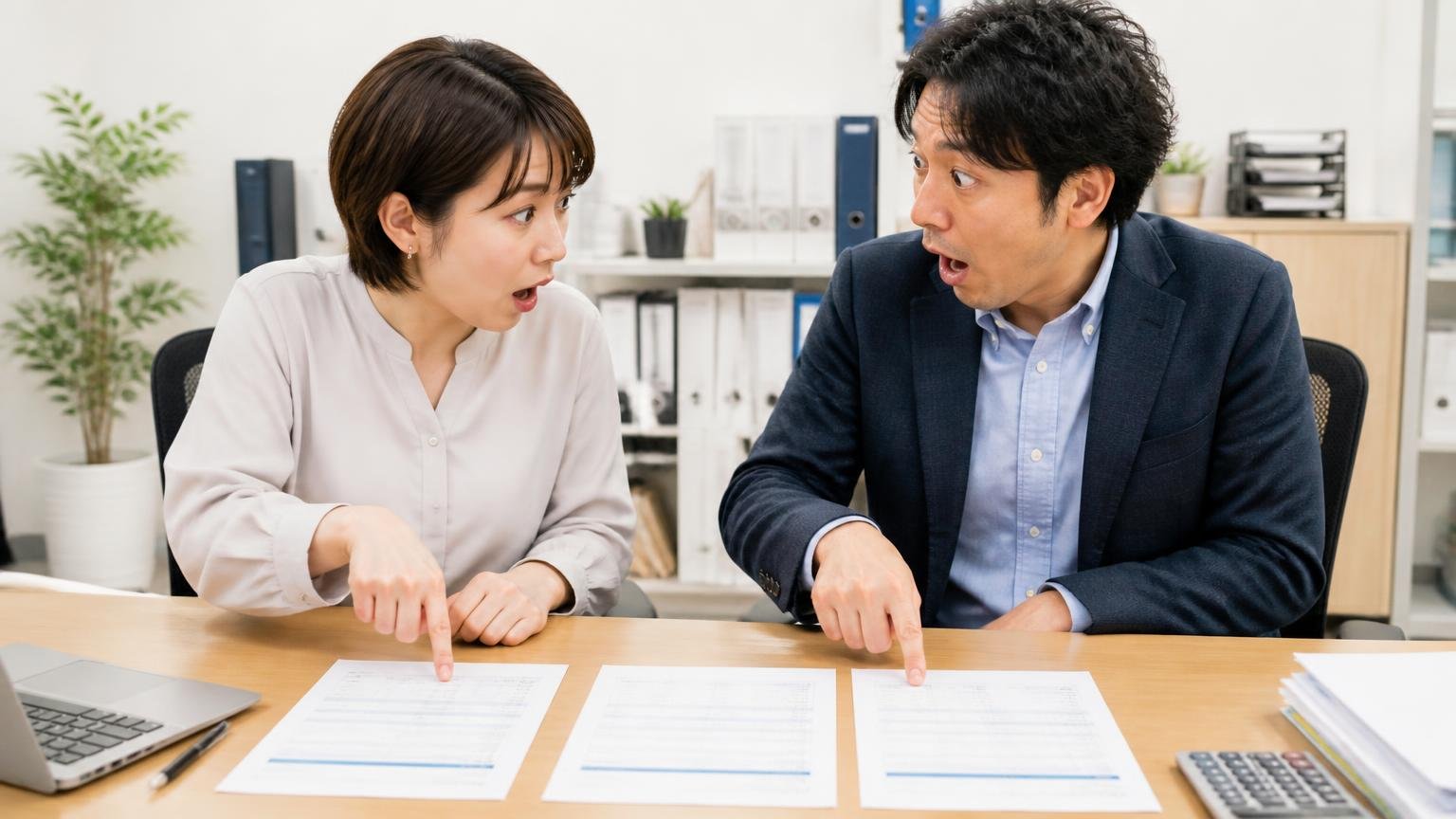 比べる1社に入れる。事務所の机に見積書を3枚並べて指さす男女2人が驚いた顔を見合わせる