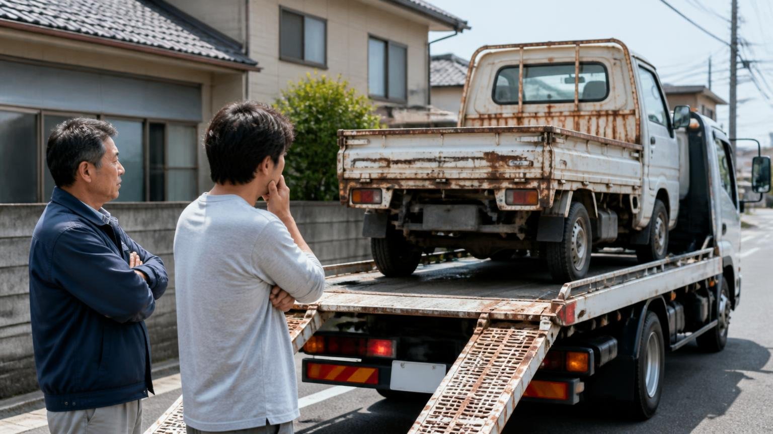低年式・過走行・不動車は値がつかないと思い込み、費用を払って処分する 積車に載せられるトラックの前で見送る男性2人 複雑な表情