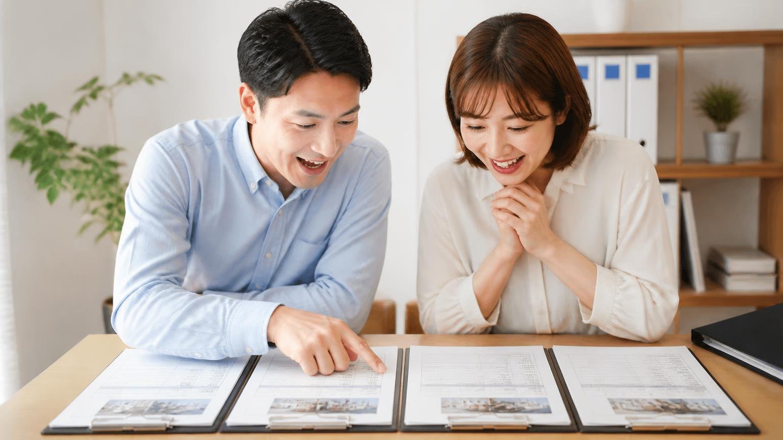 実際の金額で比べたい人が次に相談する先 事務所で複数社の査定書を並べて笑顔になる男女2人