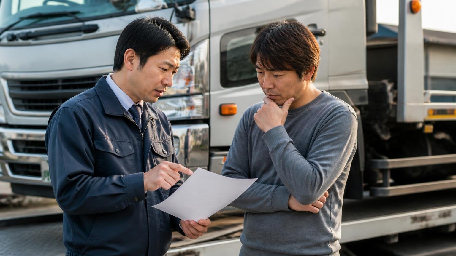 名義変更の完了時期を書面で確認する。積車に載せられるトラックの前で書類を手に説明を受ける男性2人
