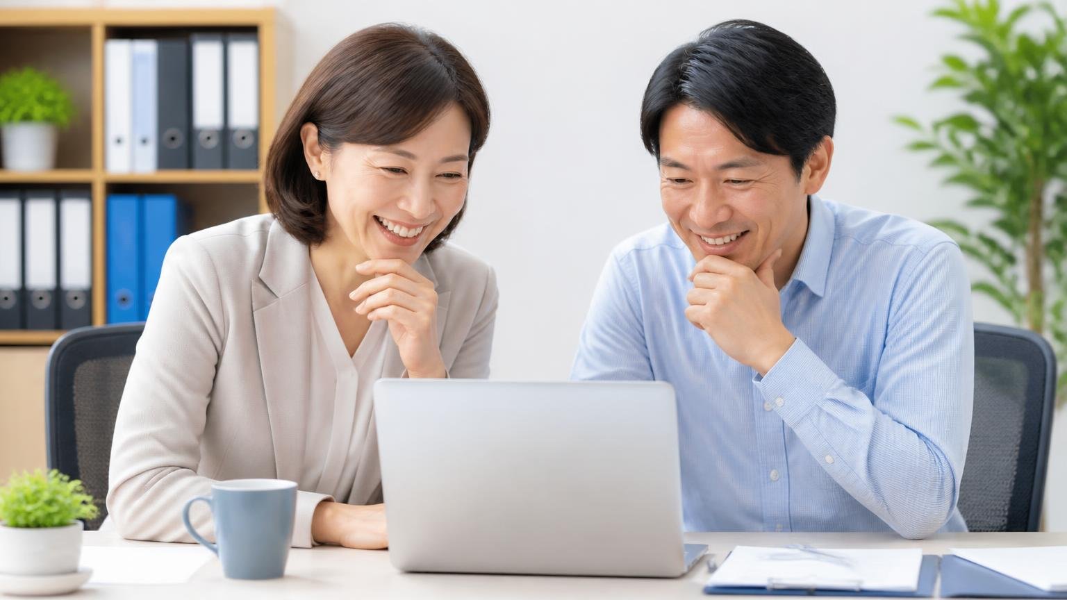 口コミ以外の物差しは業界団体の認定という確認手段。事務所で業者のウェブサイトの認定マークを確認する女性と男性が、安心した表情を浮かべている