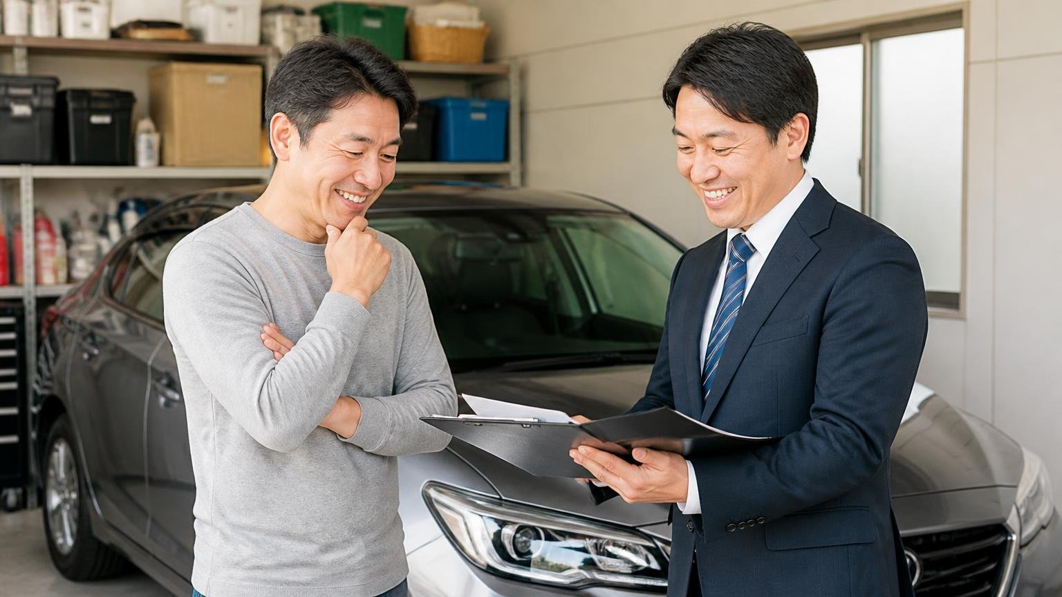 合わない1台が今いくらか無料で出してくれる買取業者3選。車庫で査定書を受け取る男性2人
