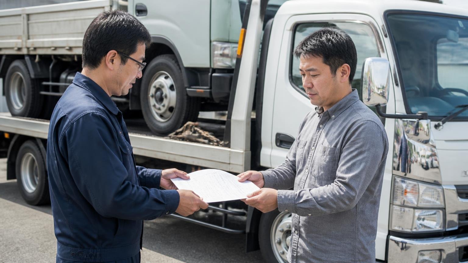名義変更が完了する期日を、書面で確認する 積車に載せられるトラックの前で書類を交わす男性2人