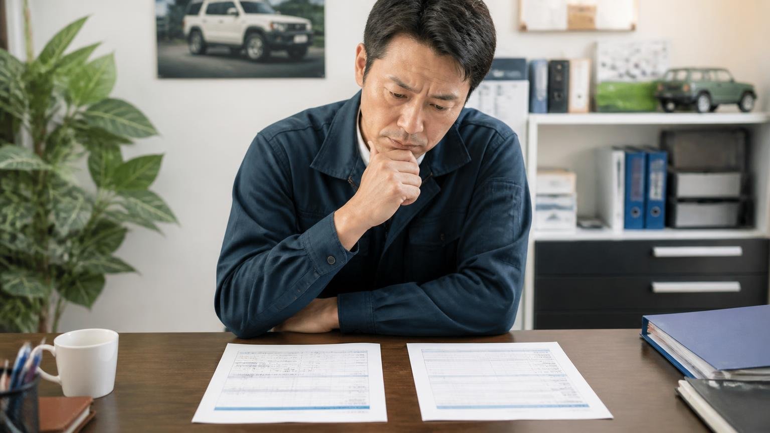 直して乗るか手放すかを金額で比べる　事務所の机に見積書を2枚並べる男性1人　見比べる