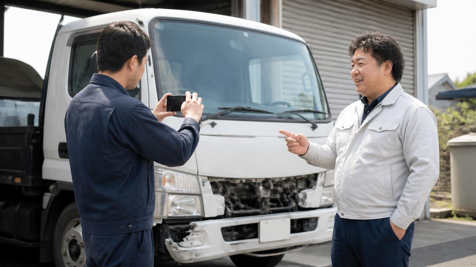 不具合のある1台にも値をつけてくれる買取業者 車庫で査定士がトラックを撮影する屋外 男性2人 前向きに話す