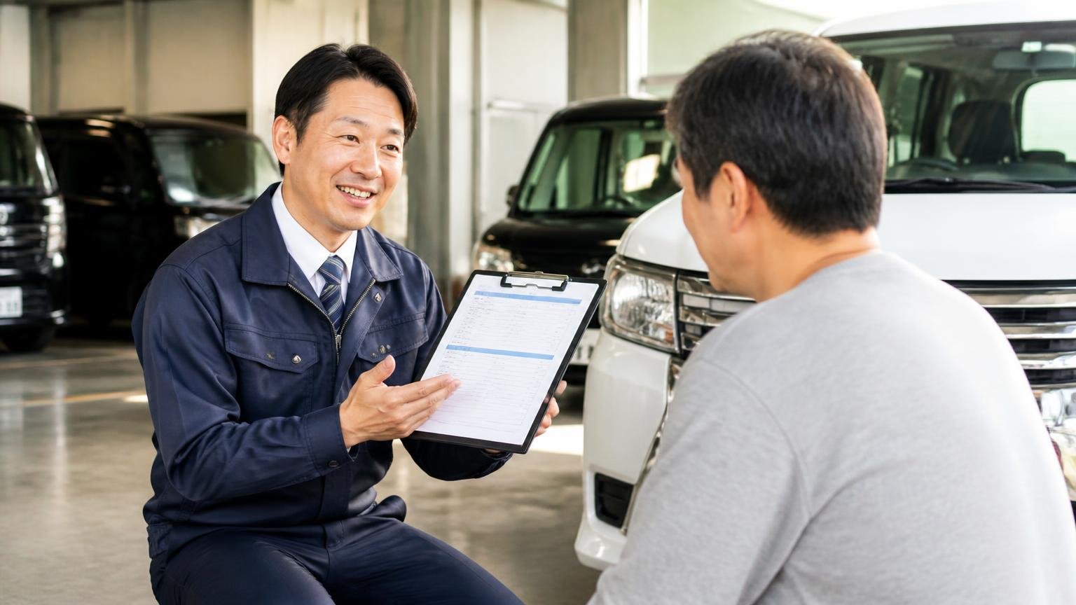 今の金額を出してくれる買取業者|営業所の車庫で査定士1人が男性1人に書面を見せ笑顔で説明する