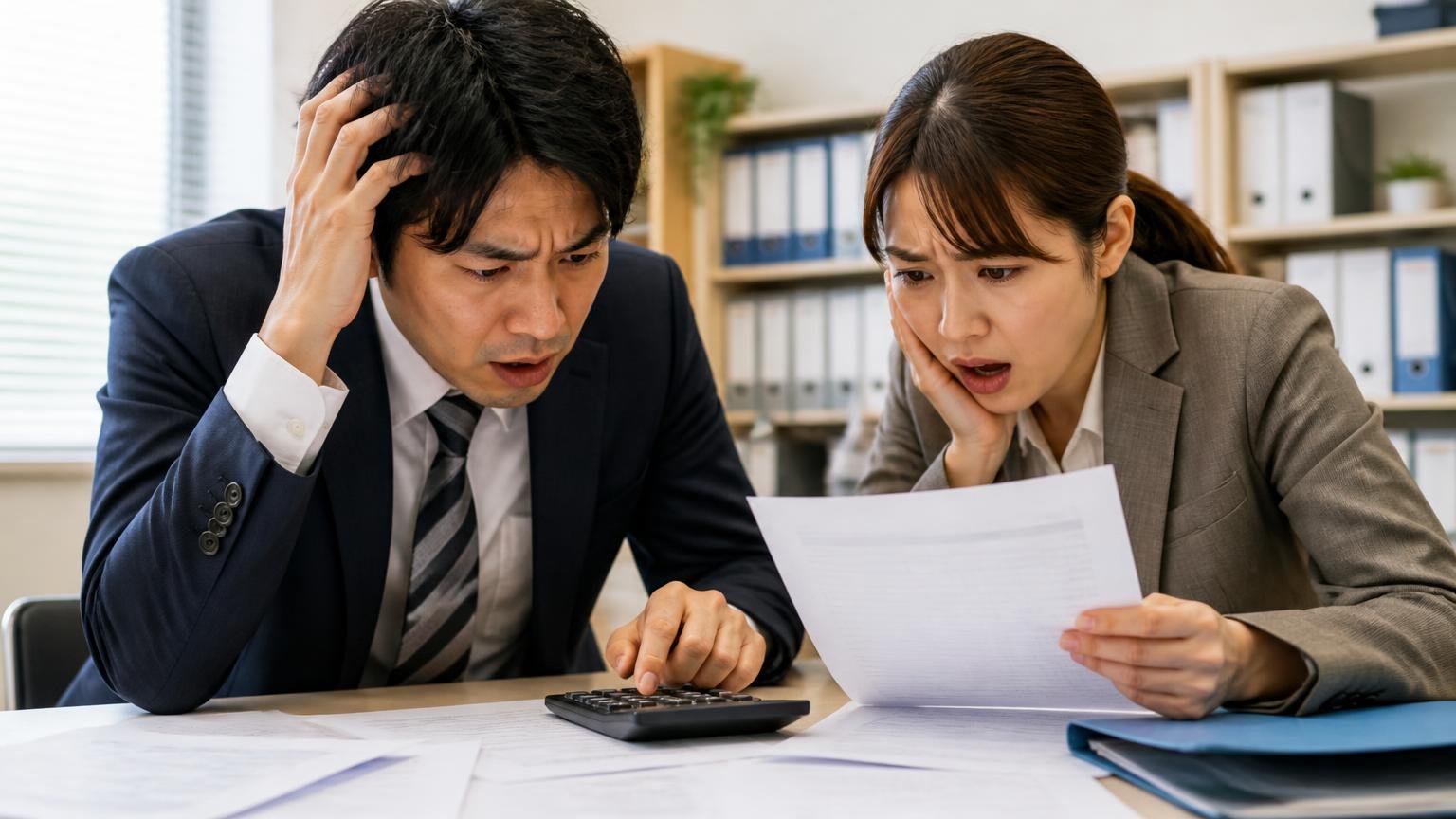 提示された「総額」だけを比べ、出張費や書類代行が別料金だと後で知る 事務所で明細を電卓で計算し直す男女2人 険しい表情