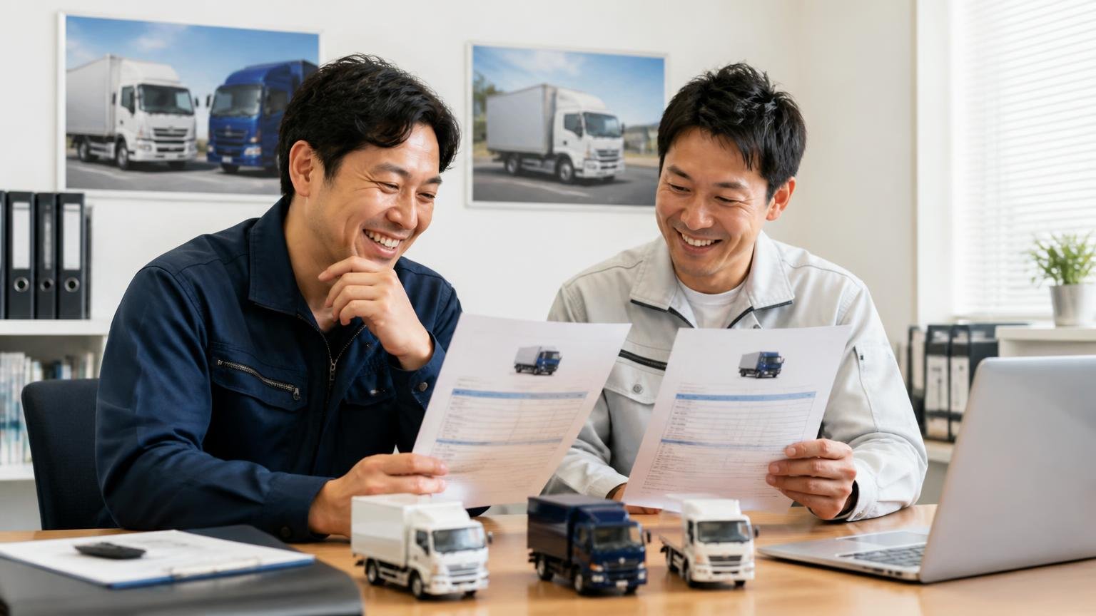相見積もりの1社目に入れておきたい、出張査定が無料のトラック買取業者3選|事務所で査定書を見比べる担当者2人が笑顔