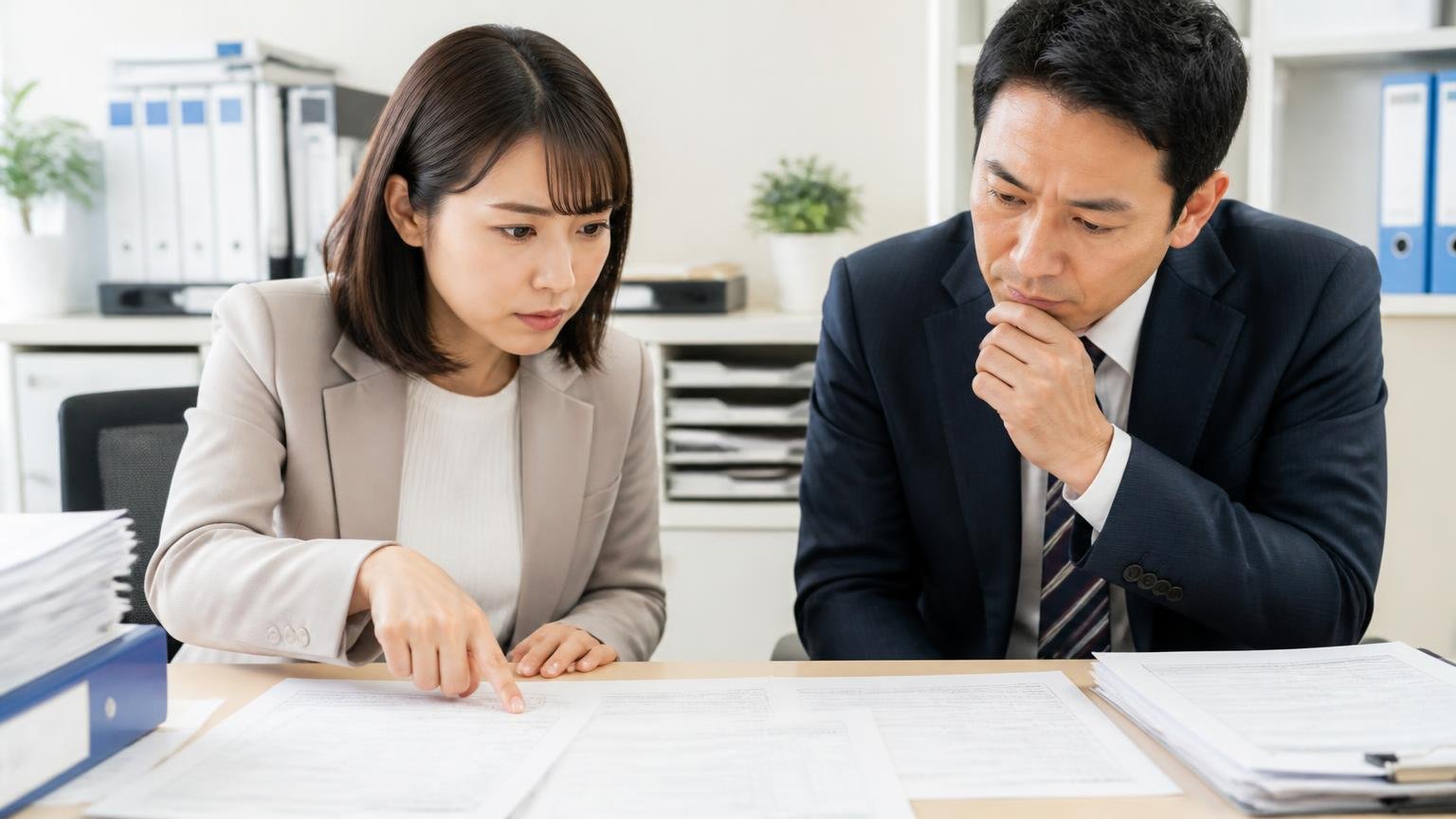 名義変更をいつまでに終えてもらえるかを確認する。事務所で書類を並べて期限を確認する30代女性1人と40代男性1人
