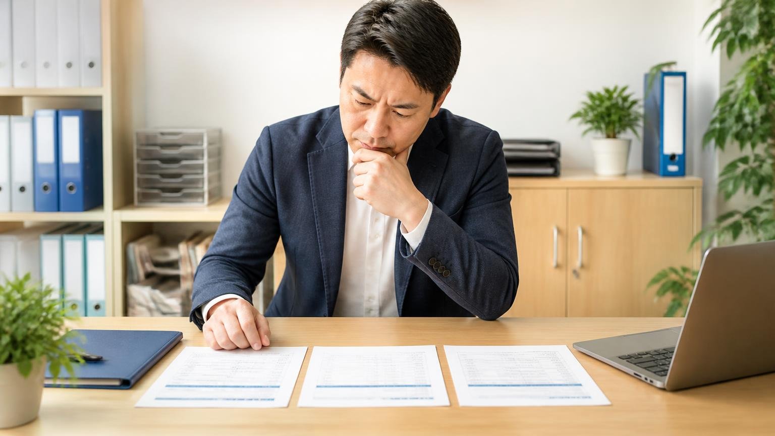 書面で見積もりを並べたい人が1社目に入れる業者。事務所で3枚の見積書を机に並べる男性1人が真剣