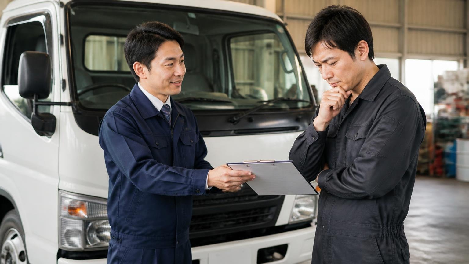 ターボの不調を抱えた1台でも金額を出すトラック買取業者3選|車庫でデュトロを査定し書面を渡す査定士と男性