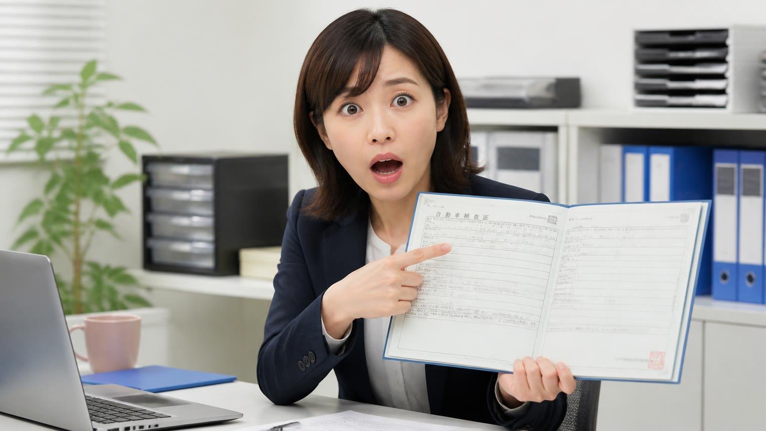車検証の所有者欄を見ないまま話を進めて、手続きが止まる 事務所で車検証を開いて所有者欄を指さす女性1人 驚いた表情