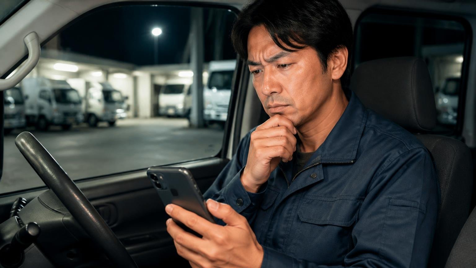 検索した時点で1社に絞りかけている。夜の車庫でスマホを握ったまま運転席に座る男性が、画面を見つめて考え込んでいる