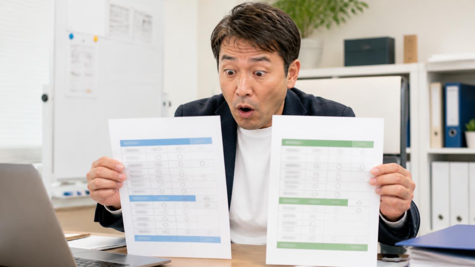 判断軸1：査定料・出張費・引き取り費用がどこまで無料か。事務所で2社の見積書を並べて見比べる40代男性1人、驚いた表情