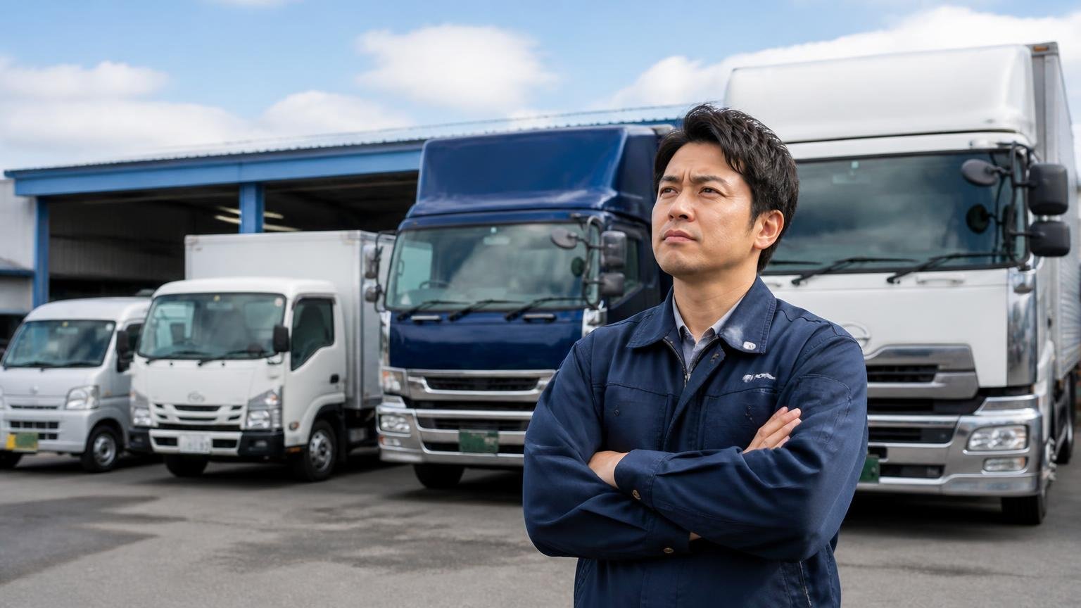 サイズ別の相場レンジの広さを知る。営業所の車庫に並ぶ大小のトラックの前で男性1人が腕を組む