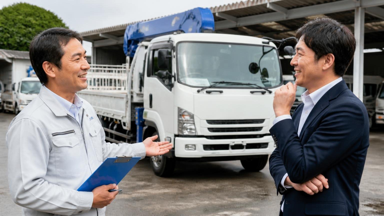 向いている可能性が高い人。営業所の車庫に停まったクレーン付きトラックの前で担当者1人と依頼者1人が話す