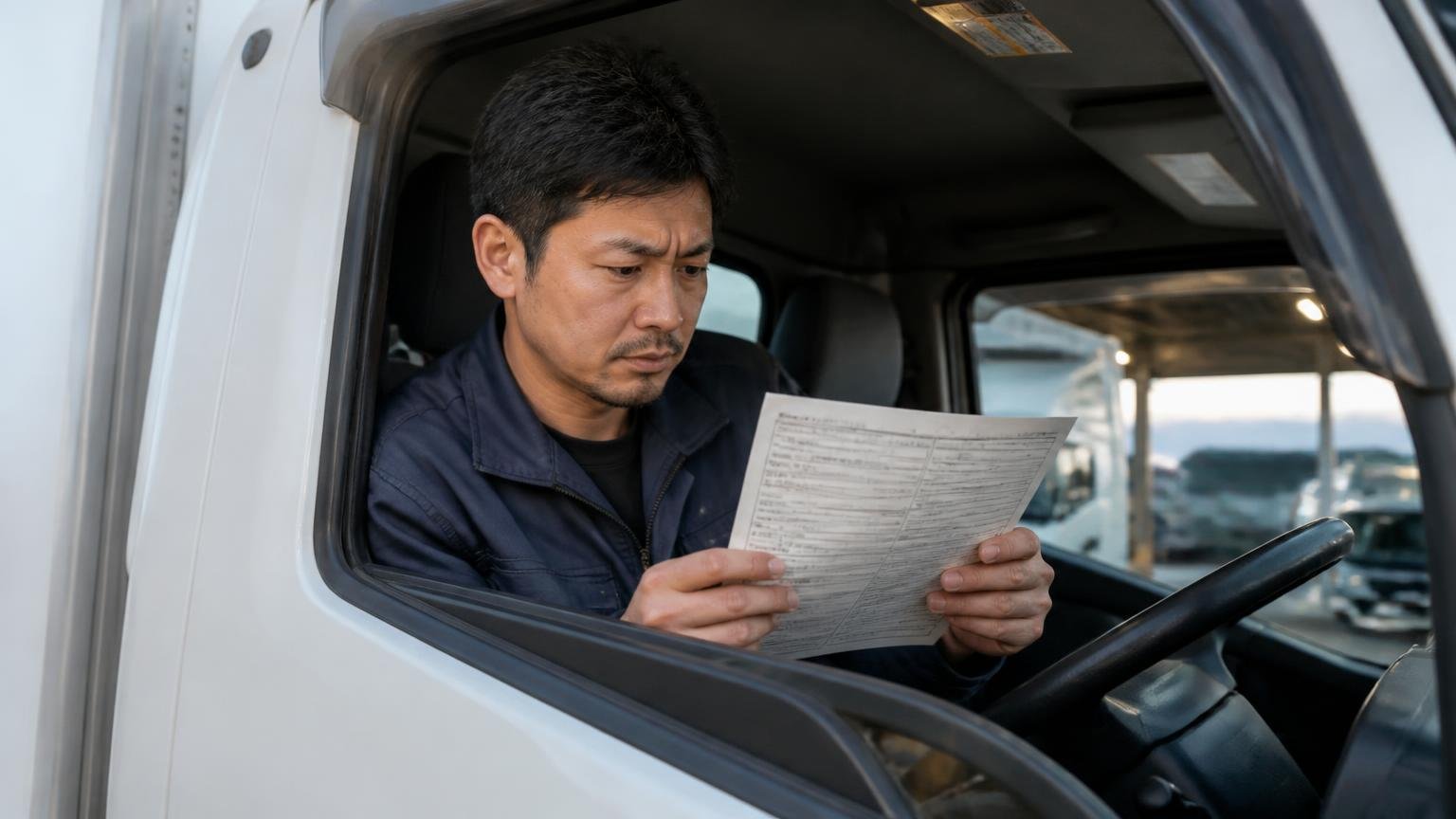 車検証の所有者欄を確認する 早朝の車庫でトラックの運転席から車検証を取り出す男性1人が真剣な表情
