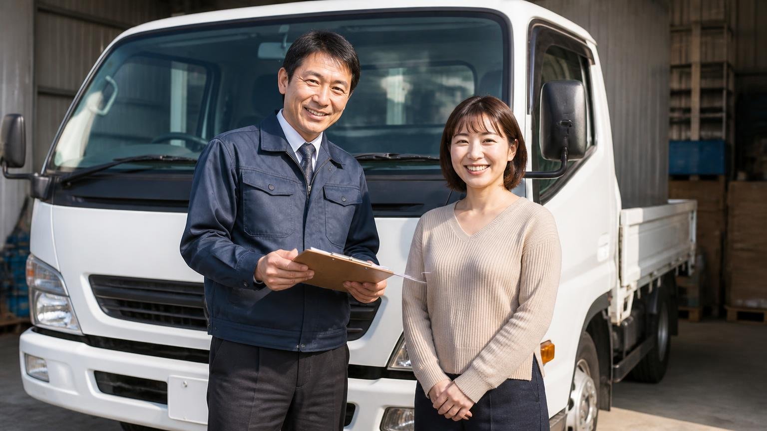 まずは無料の出張査定から/車庫でキャンターの前に立つ場面/男性1人と女性1人/書類を手に前向きな表情