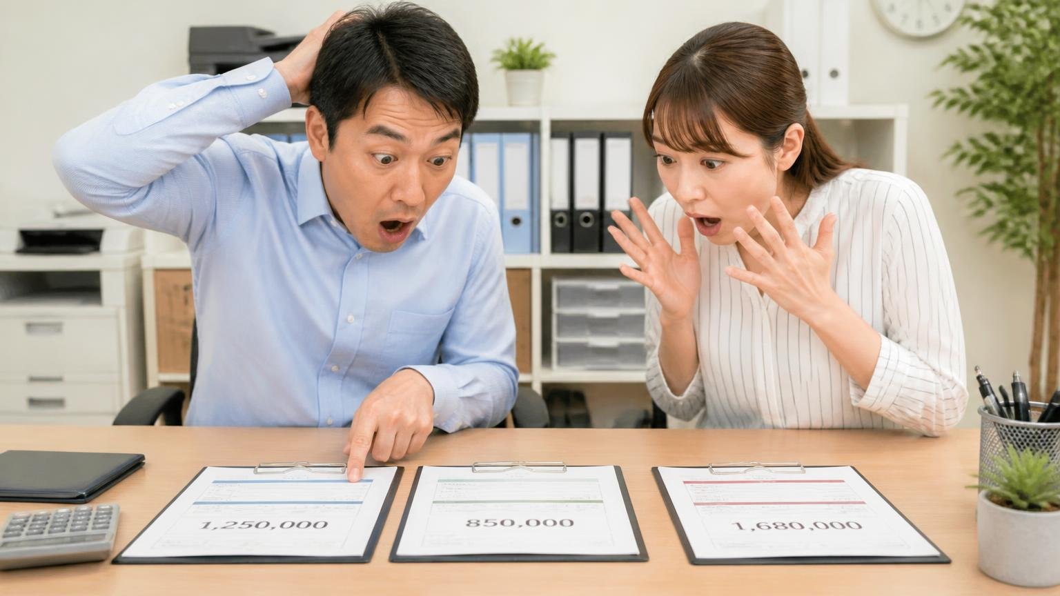同じ1台でも業者によって金額が変わる理由 事務所の机に並べた3社の査定書を見比べる男女2人が驚く