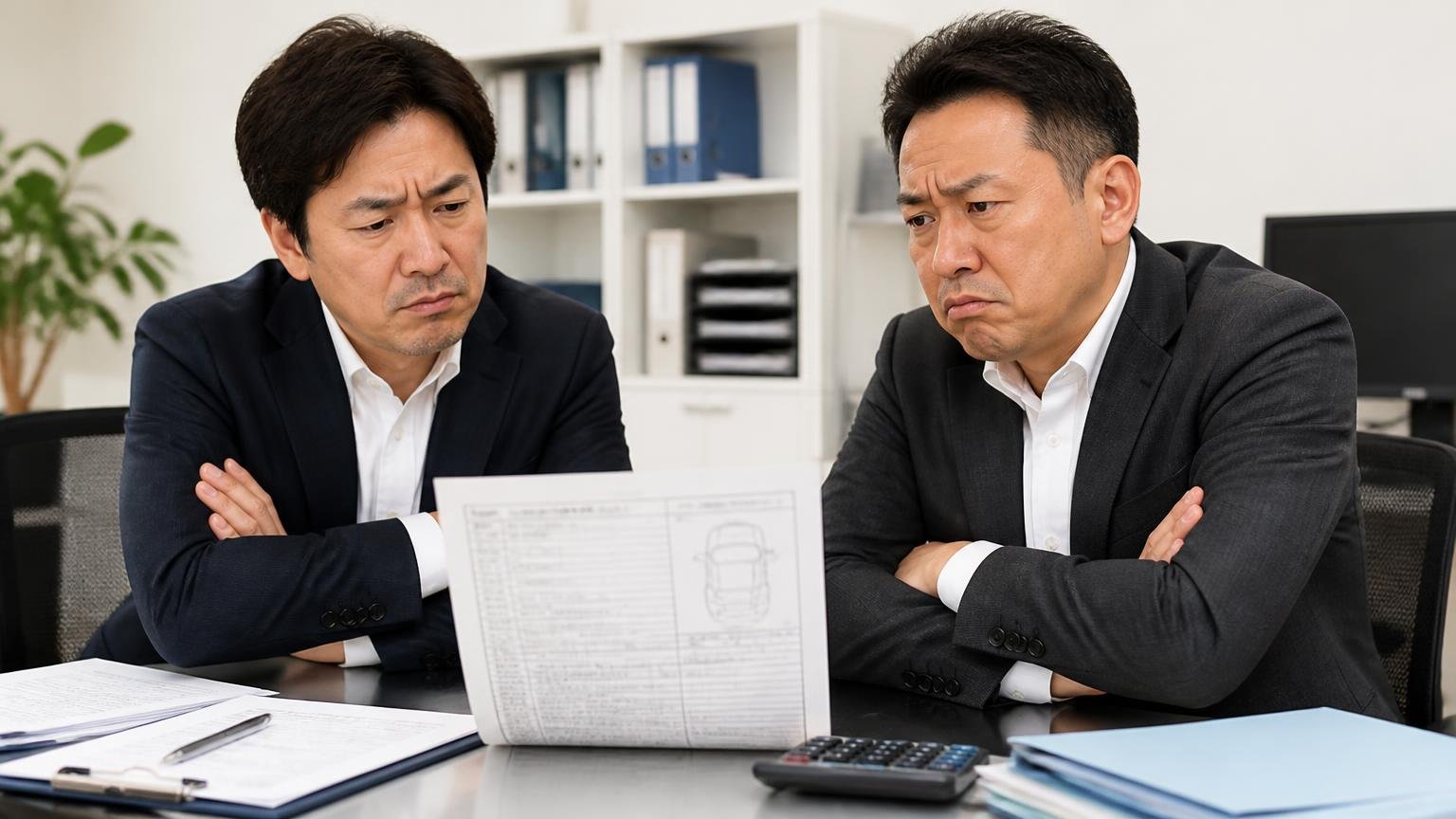 オートマは安いという実感。事務所で査定書を見ながら打ち合わせする40代男性2人が渋い顔で腕を組む