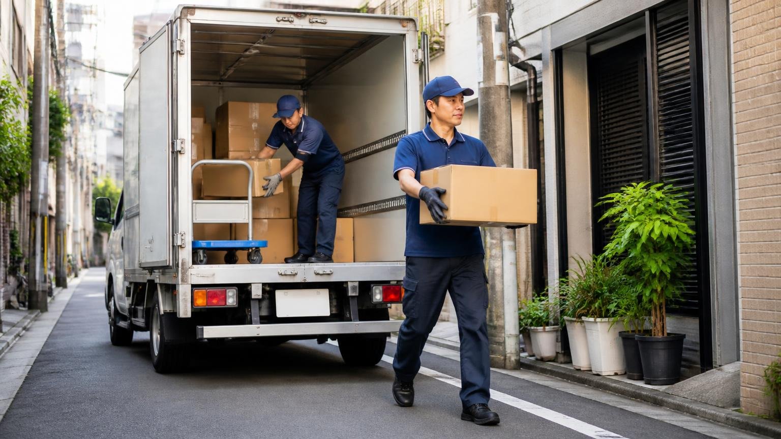新型キャンターが向いている人 都市部の狭い路地で小型トラックから荷物を降ろす配送員2人がてきぱき動く