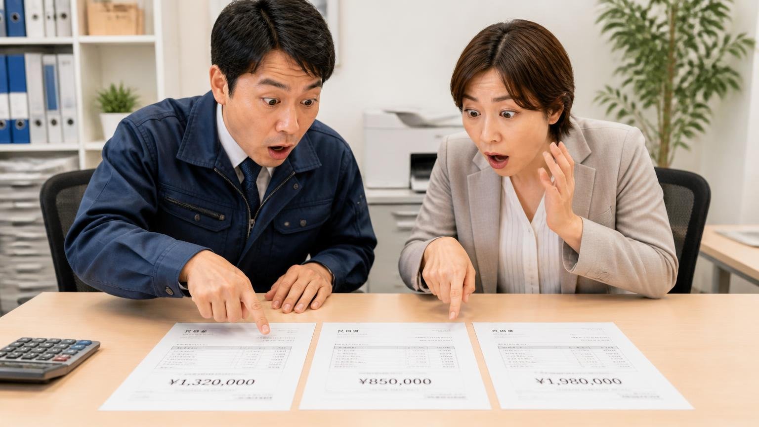 1社だけの金額を「相場」だと思い込むのが、いちばん損をする|事務所の机に3社分の見積書を並べた2人が金額を指さして驚く