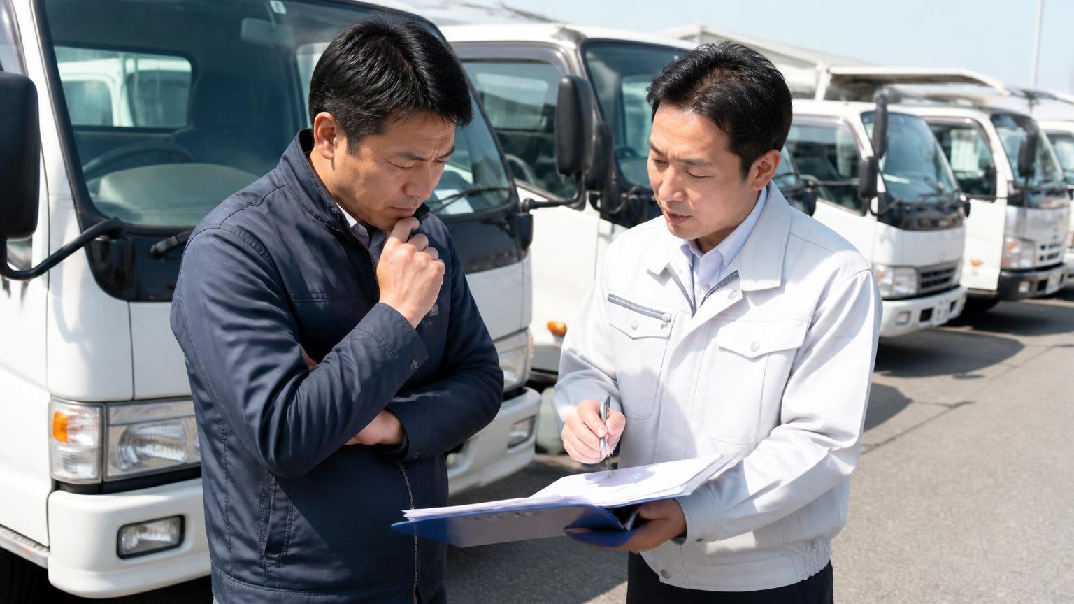 中古車を選ぶときの確認項目 中古トラック展示場に並ぶ小型トラックの前 購入検討者1人と販売担当1人 書類を見比べる
