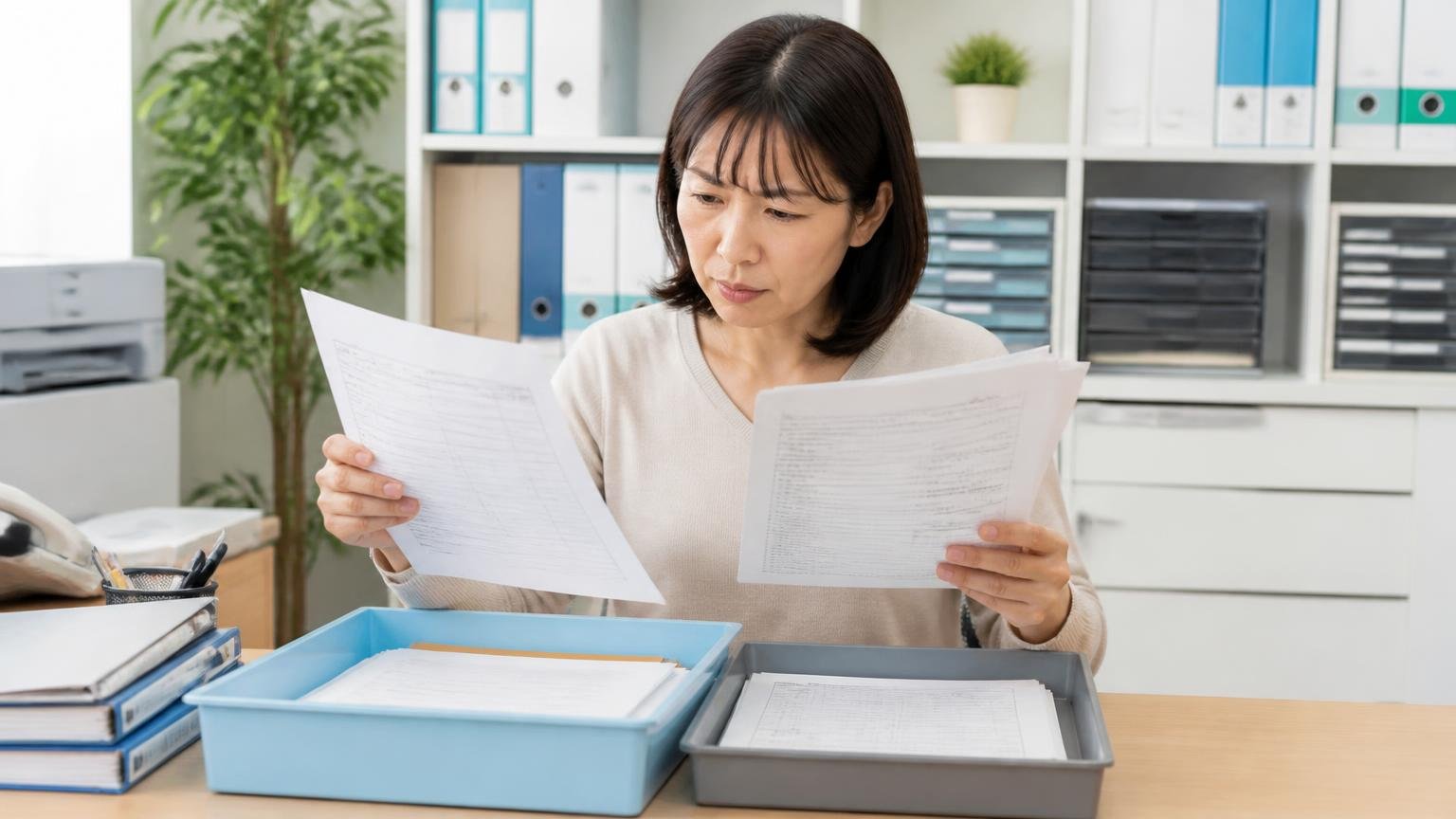 自分で用意する書類と業者が用意する書類。事務所で書類を仕分けする女性1人が確認する
