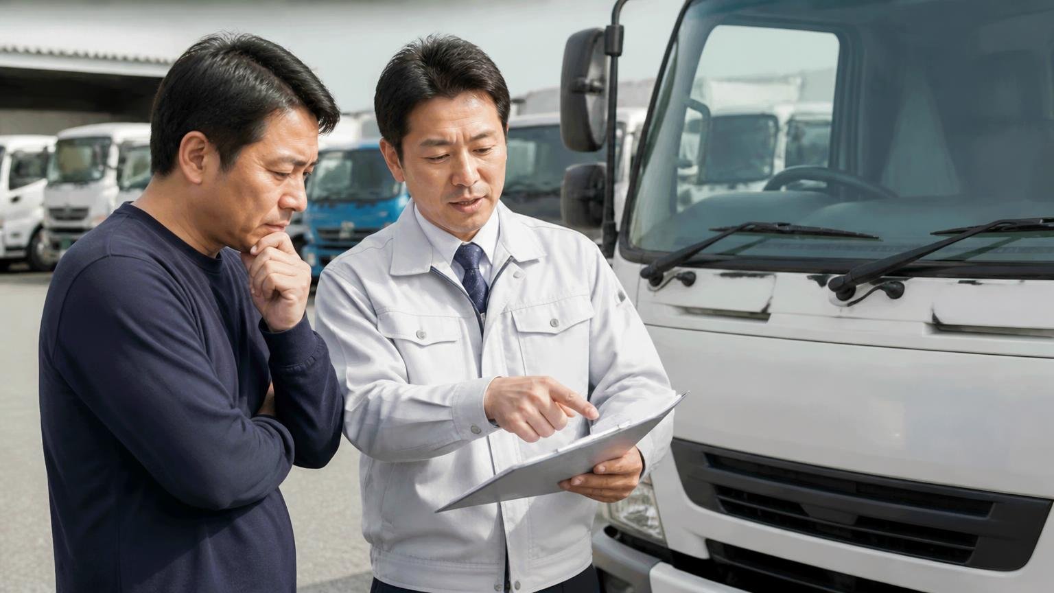 下取り1社の金額で決める前に　営業所の車庫で査定士とトラックを見る男性2人　書面を指さして説明