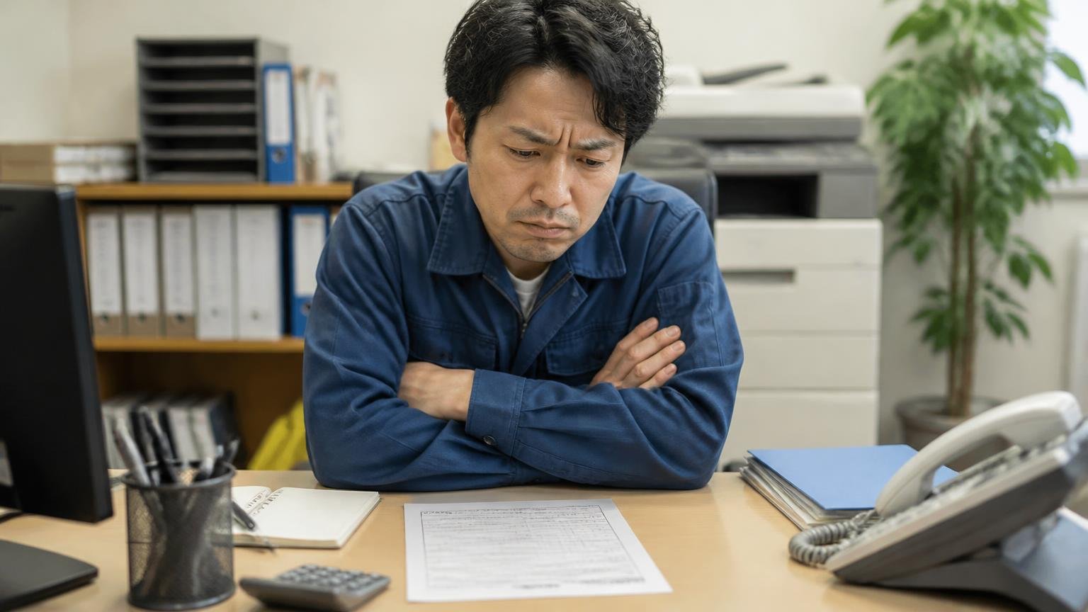 修理見積もりだけでは判断材料が半分。事務所の机で見積書1枚を前に腕を組んだ男性1人が、決めきれず唸る