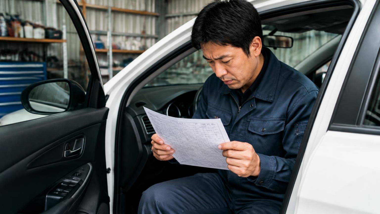 準備①車検証を開いて所有者の欄を見る。早朝の車庫で運転席のドアを開け車検証を取り出す男性1人