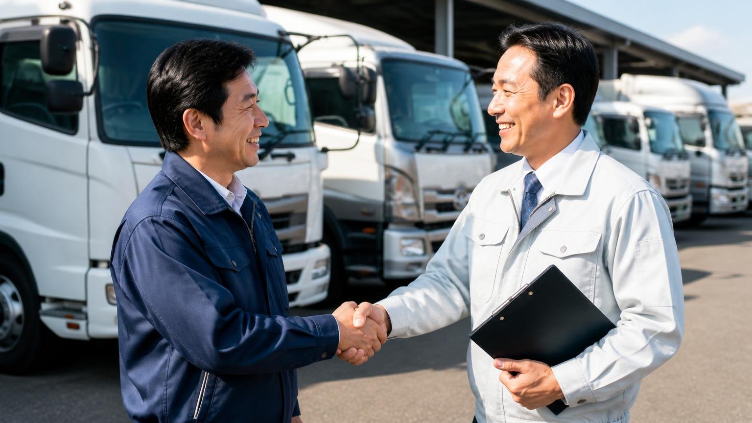 査定料と出張費が無料のトラック買取業者3選／営業所の車庫でトラックを査定する屋外／男性2人／握手して笑顔