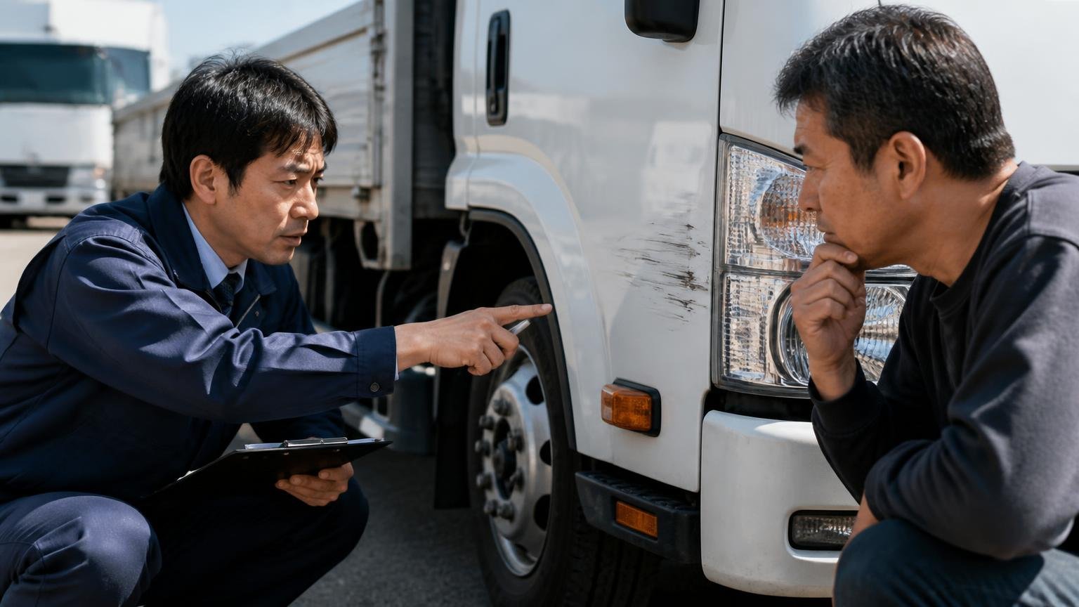 どんな場合にいくら減額されるのか。屋外でトラックの傷を指さす査定士と持ち主の2人が、真剣な表情で確認する