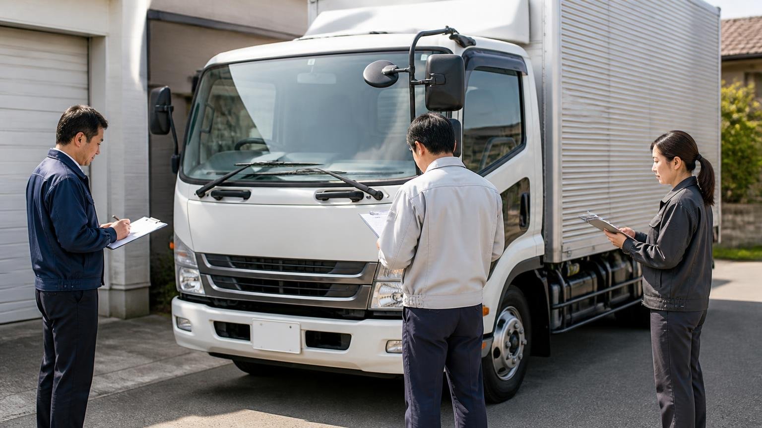 複数社から無料査定。車庫の前で4tトラックを囲み、それぞれ書類を持つ査定士3人が確認する