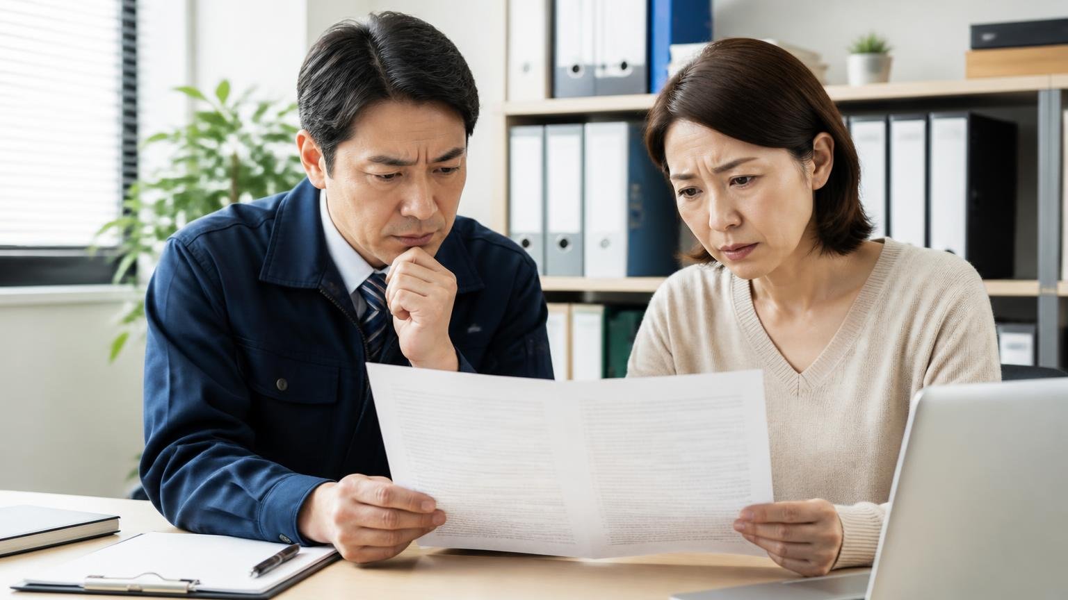 国民生活センター「修復歴や事故歴を理由とした減額に応じる必要はない」 事務所で契約書を読み込む男女2人 真剣な表情