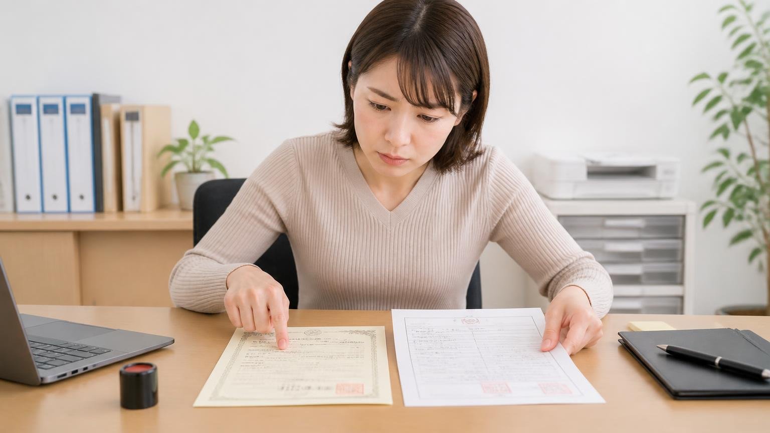 名義変更に必要な主な書類 事務所の机に譲渡証明書と印鑑証明書を並べて確認する女性1人
