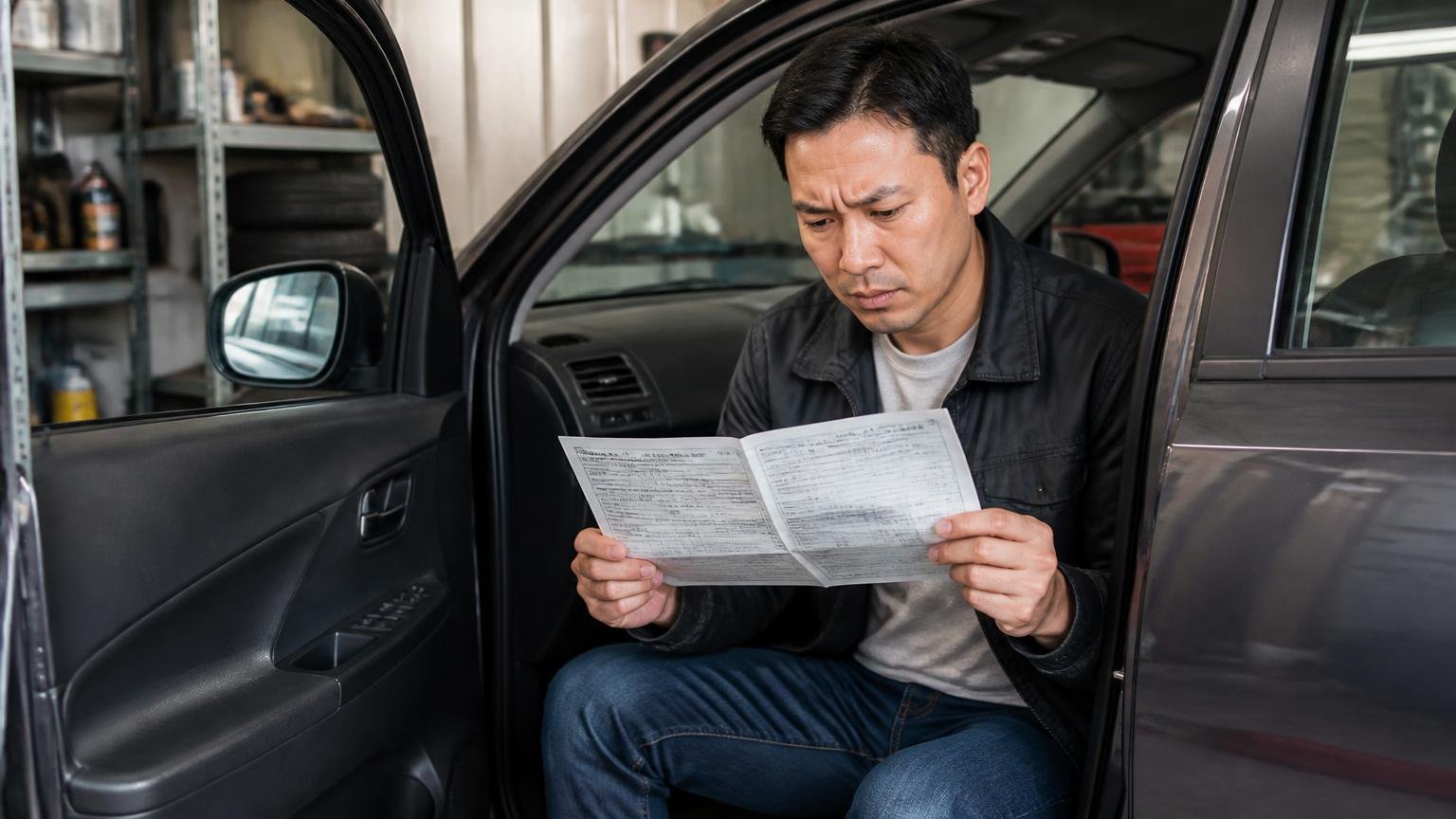車検証の所有者欄と残債を確認する 早朝の車庫で運転席のドアを開け車検証を広げる男性1人が眉をひそめる